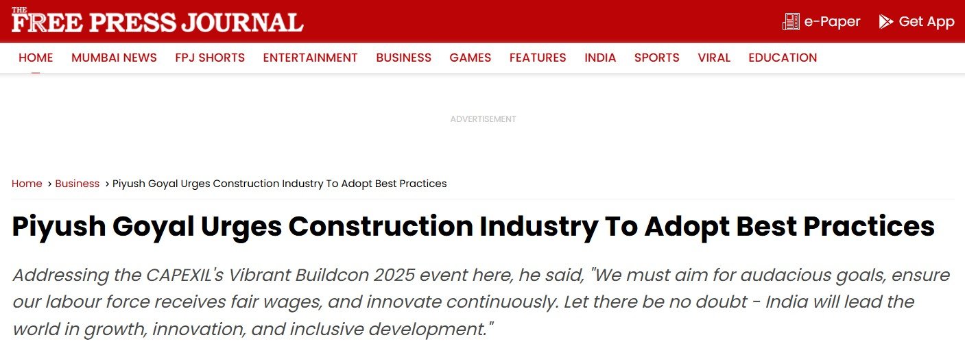 Piyush Goyal Urges Construction Industry To Adopt Best Practices