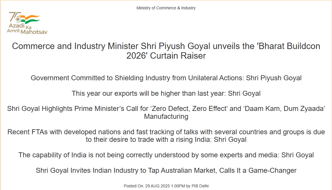 Commerce and Industry Minister Shri Piyush Goyal unveils the ‘Bharat Buildcon 2026’ Curtain Raiser